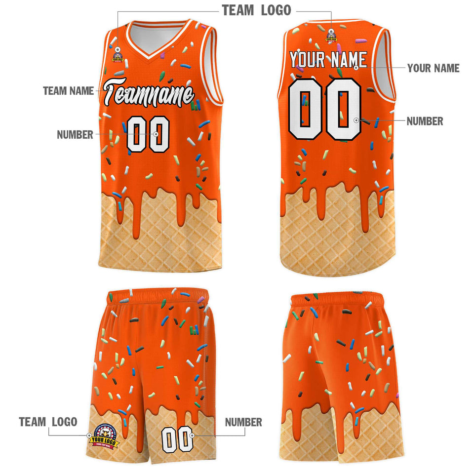Custom Orange Basketball Kits with Ice Cream Element Pattern