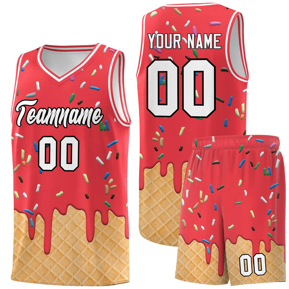 Custom Light Red Basketball Kits with Ice Cream Element Pattern