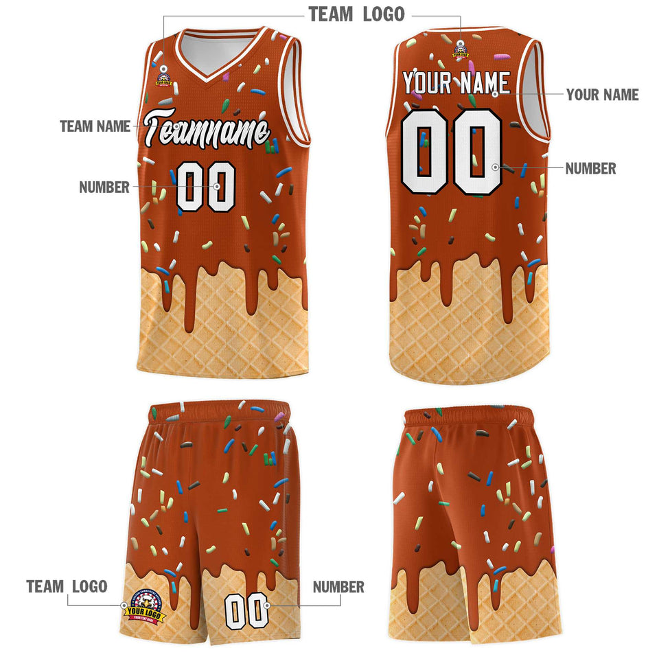Custom Dark Orange Basketball Kits with Ice Cream Element Pattern