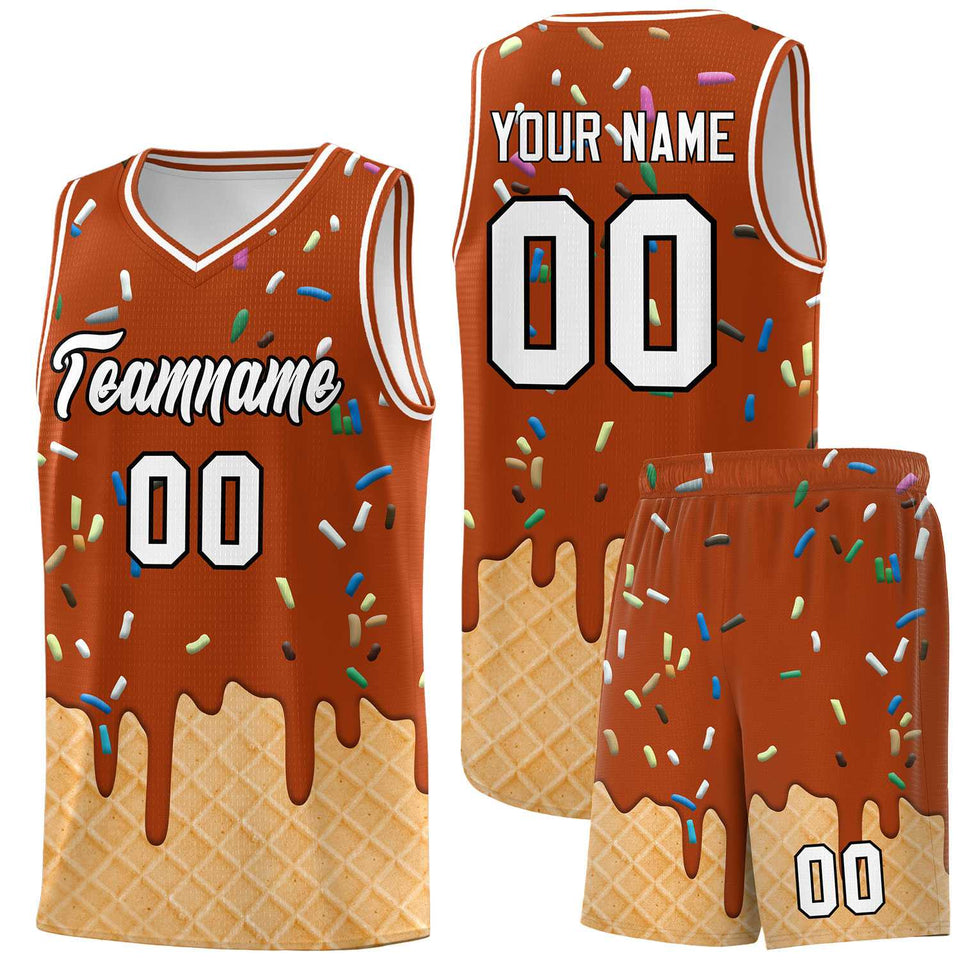 Custom Dark Orange Basketball Kits with Ice Cream Element Pattern
