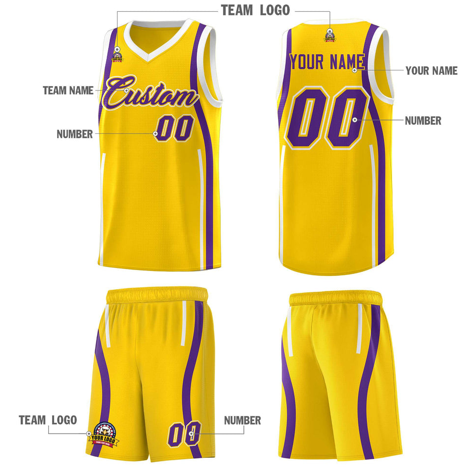 Custom Gold Purple-White Ribbon Pattern Basketball Kits