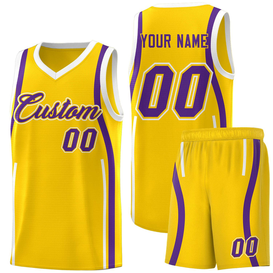 Custom Gold Purple-White Ribbon Pattern Basketball Kits