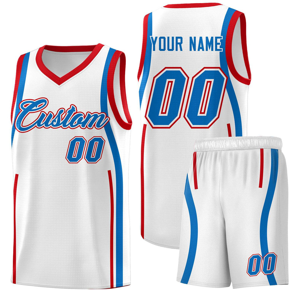 Custom White Royal-Red Ribbon Pattern Basketball Kits