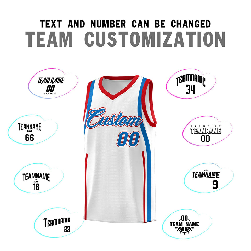 Custom White Royal-Red Ribbon Pattern Basketball Kits