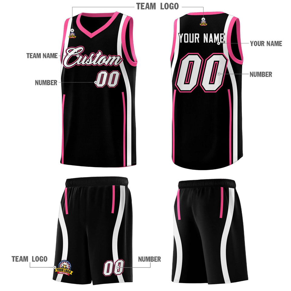 Custom Black Pink-White Ribbon Pattern Basketball Kits