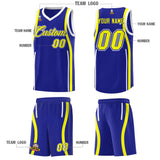 Custom Royal Fluorescent Yellow-White Ribbon Pattern Basketball Kits