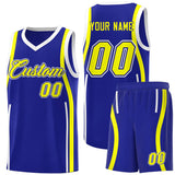 Custom Royal Fluorescent Yellow-White Ribbon Pattern Basketball Kits