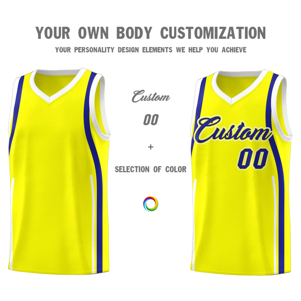 Custom Fluorescent Yellow Royal-White Ribbon Pattern Basketball Kits
