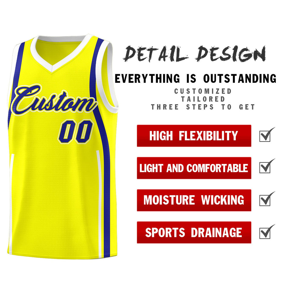 Custom Fluorescent Yellow Royal-White Ribbon Pattern Basketball Kits