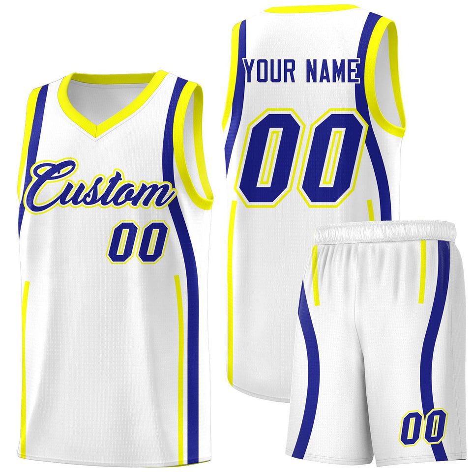 Custom White Royal-Fluorescent Yellow Ribbon Pattern Basketball Kits