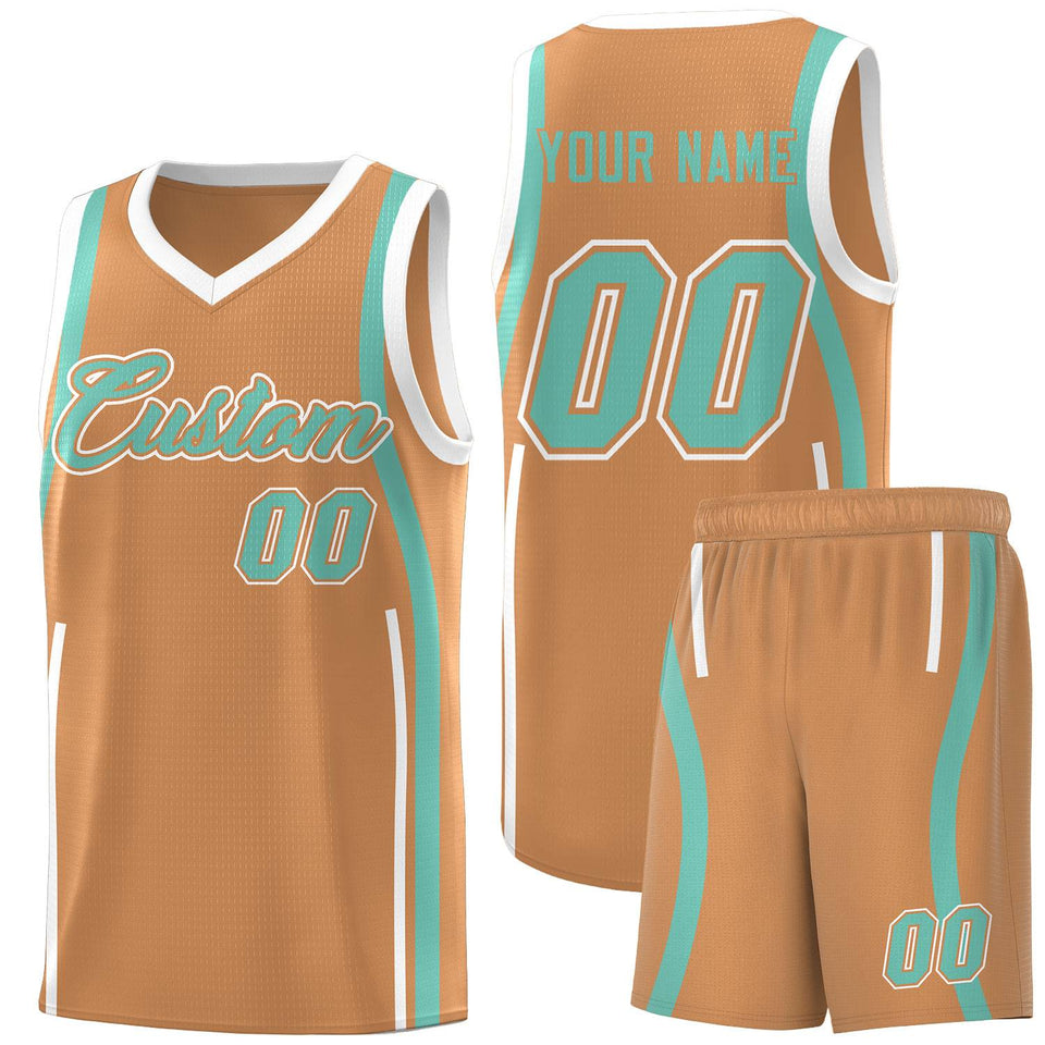Custom Buckskin Brown Bright Green-White Ribbon Pattern Basketball Kits