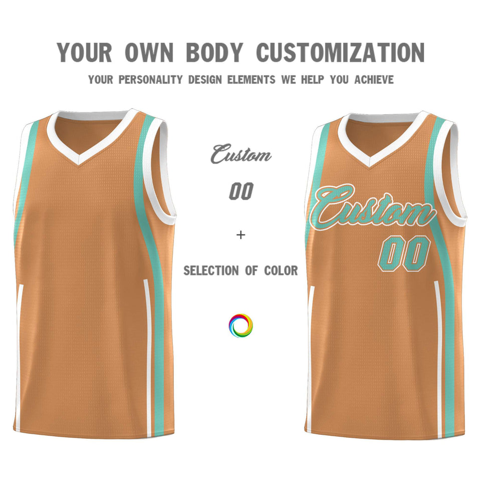 Custom Buckskin Brown Bright Green-White Ribbon Pattern Basketball Kits