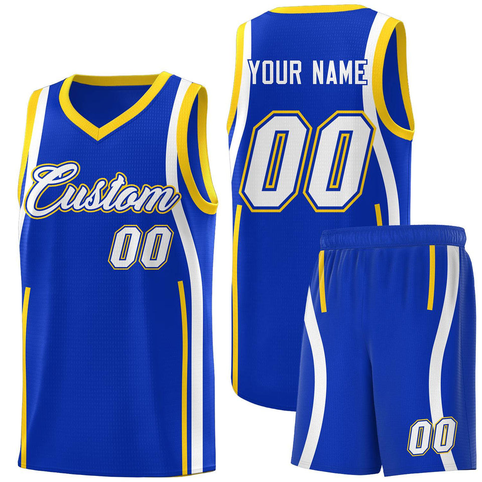Custom Royal Gold-White Ribbon Pattern Basketball Kits