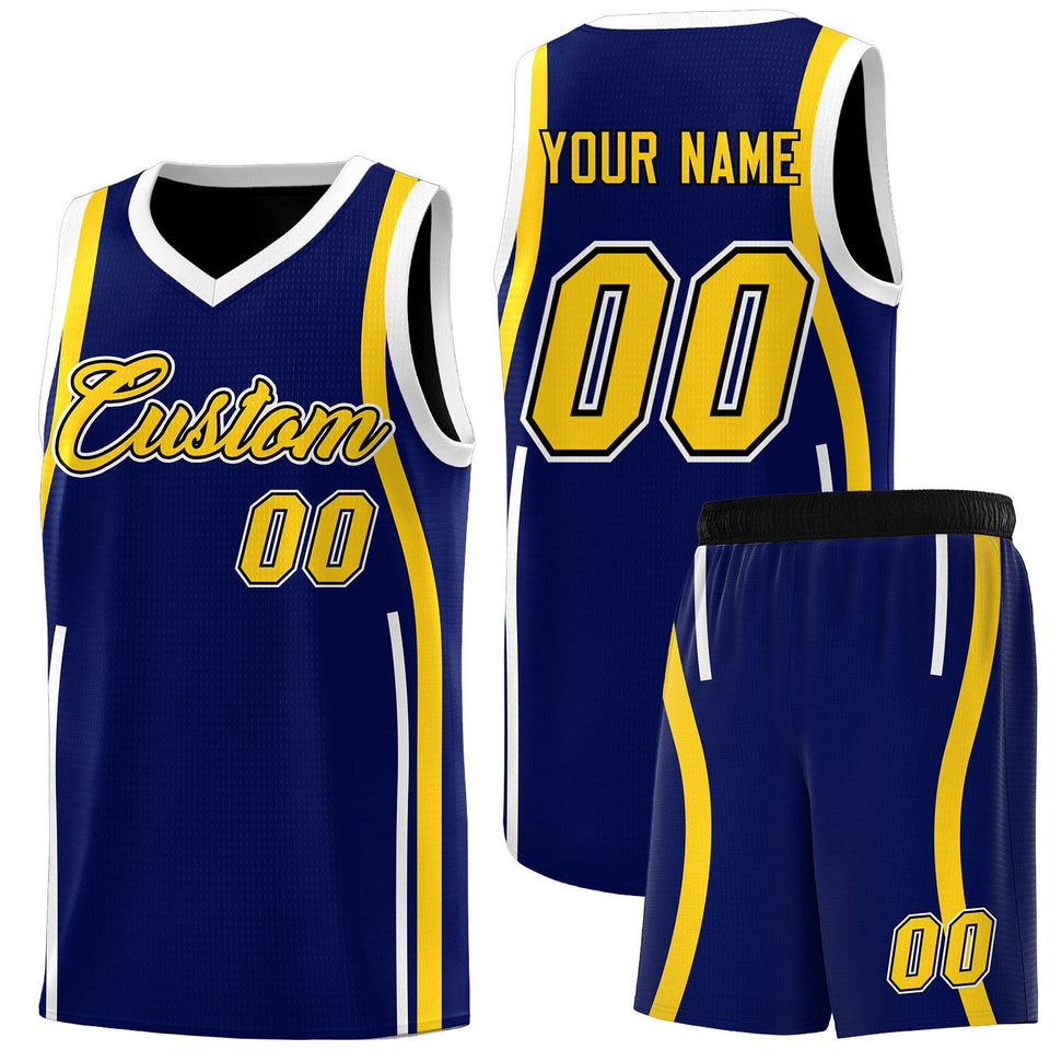 Custom Navy Gold-White Ribbon Pattern Basketball Kits