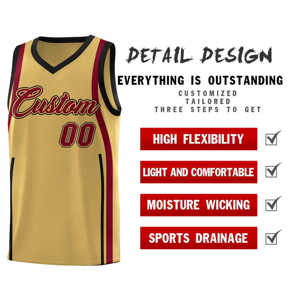 Custom Old Gold Crimson-Black Ribbon Pattern Basketball Kits