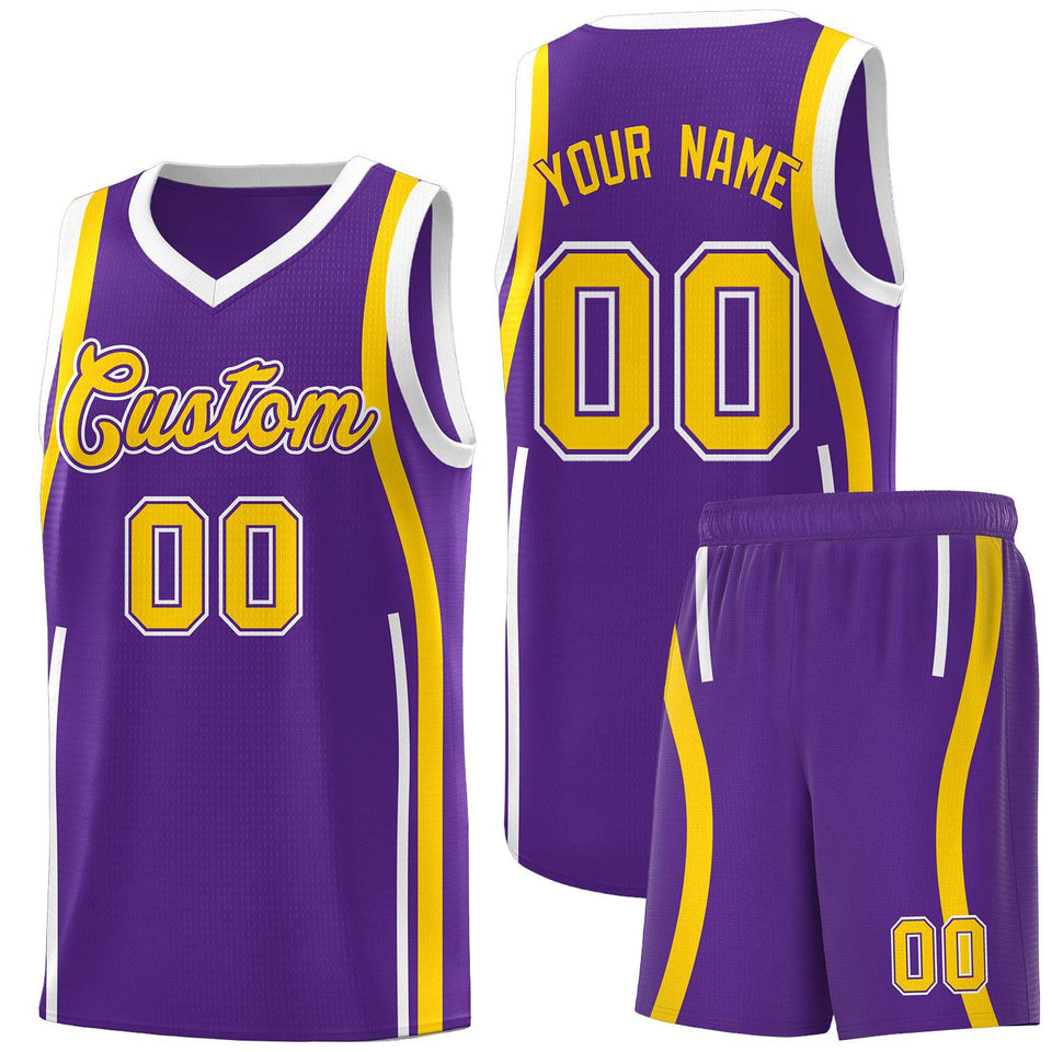Custom Purple Gold-White Ribbon Pattern Basketball Kits