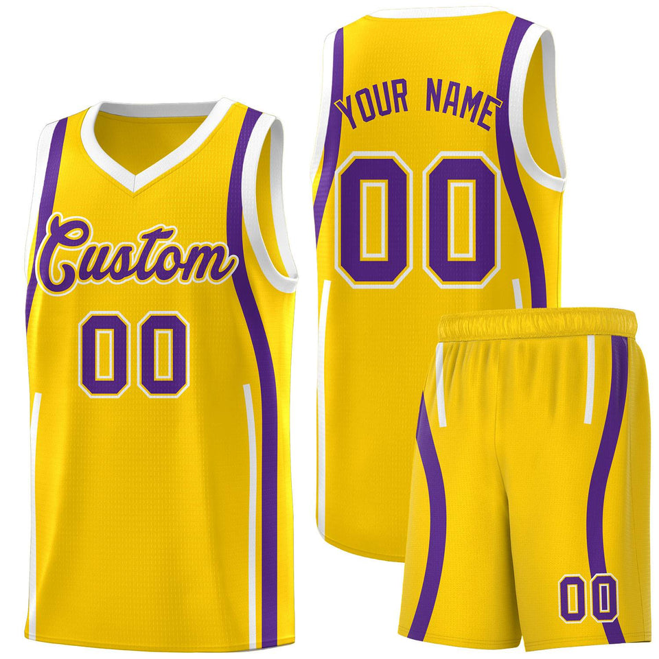 Custom Gold Purple-White Ribbon Pattern Basketball Kits