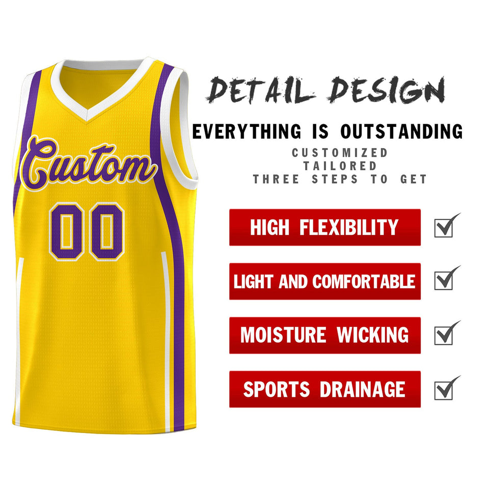Custom Gold Purple-White Ribbon Pattern Basketball Kits