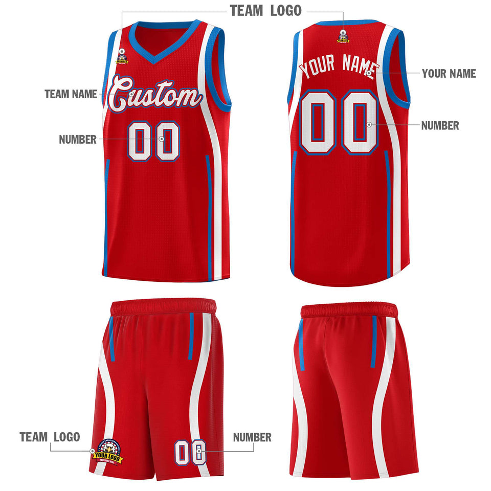 Custom Red Royal-White Ribbon Pattern Basketball Kits