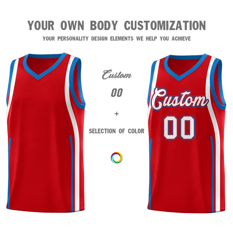 Custom Red Royal-White Ribbon Pattern Basketball Kits