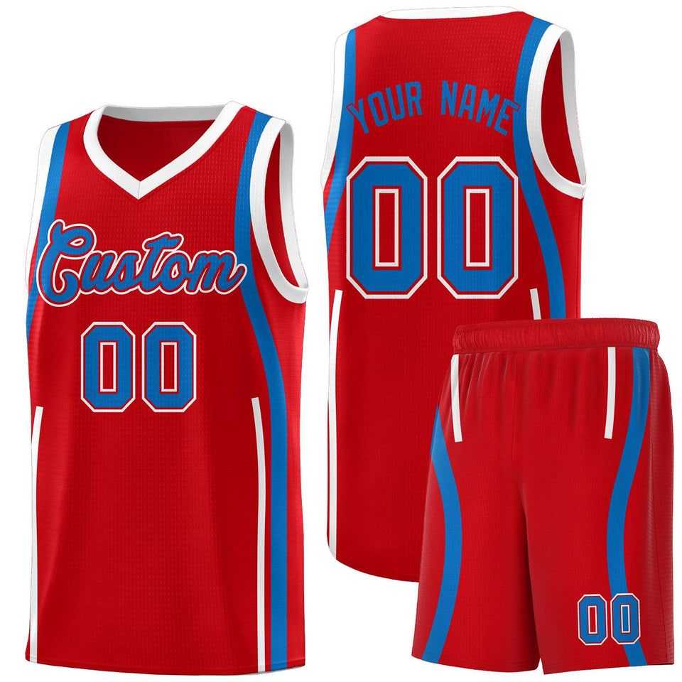 Custom Red Royal-White Ribbon Pattern Basketball Kits