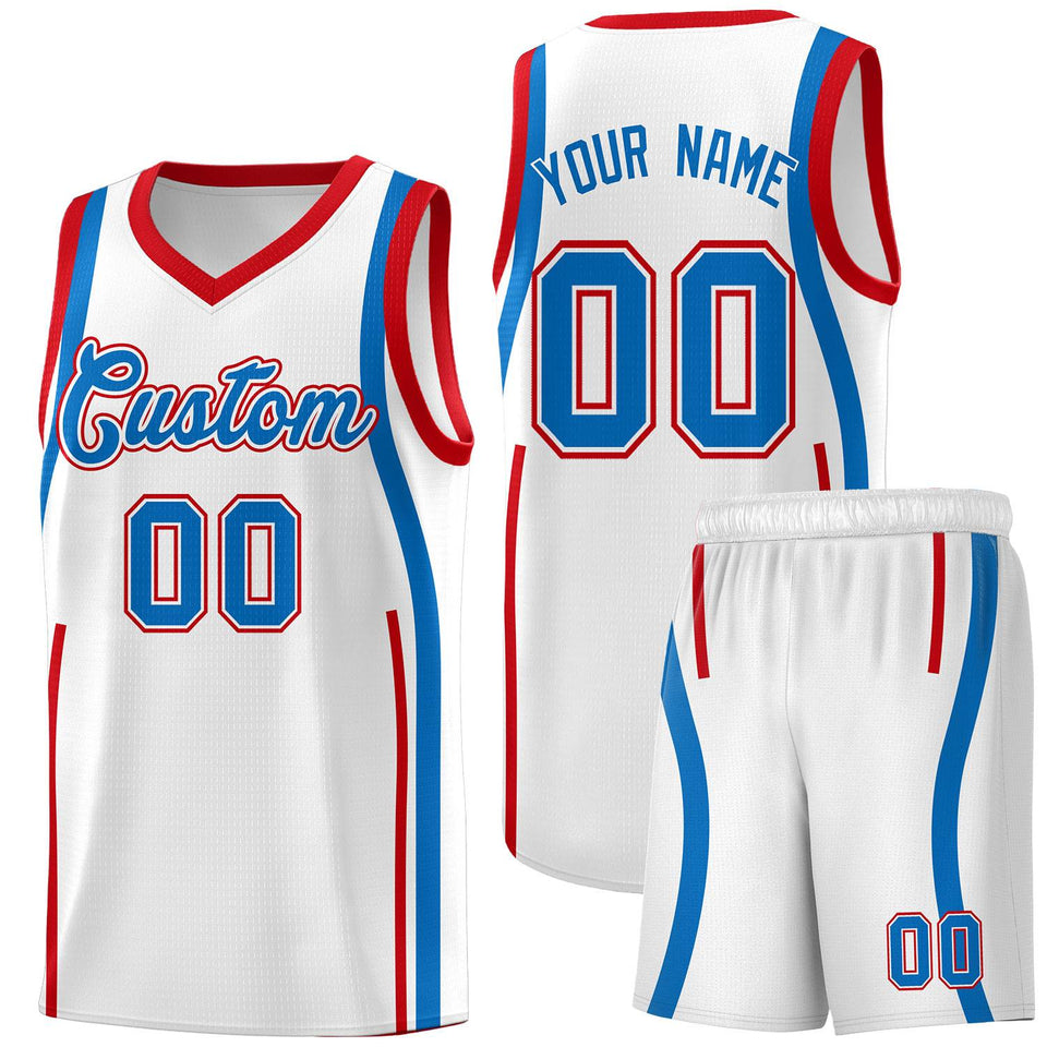 Custom White Royal-Red Ribbon Pattern Basketball Kits