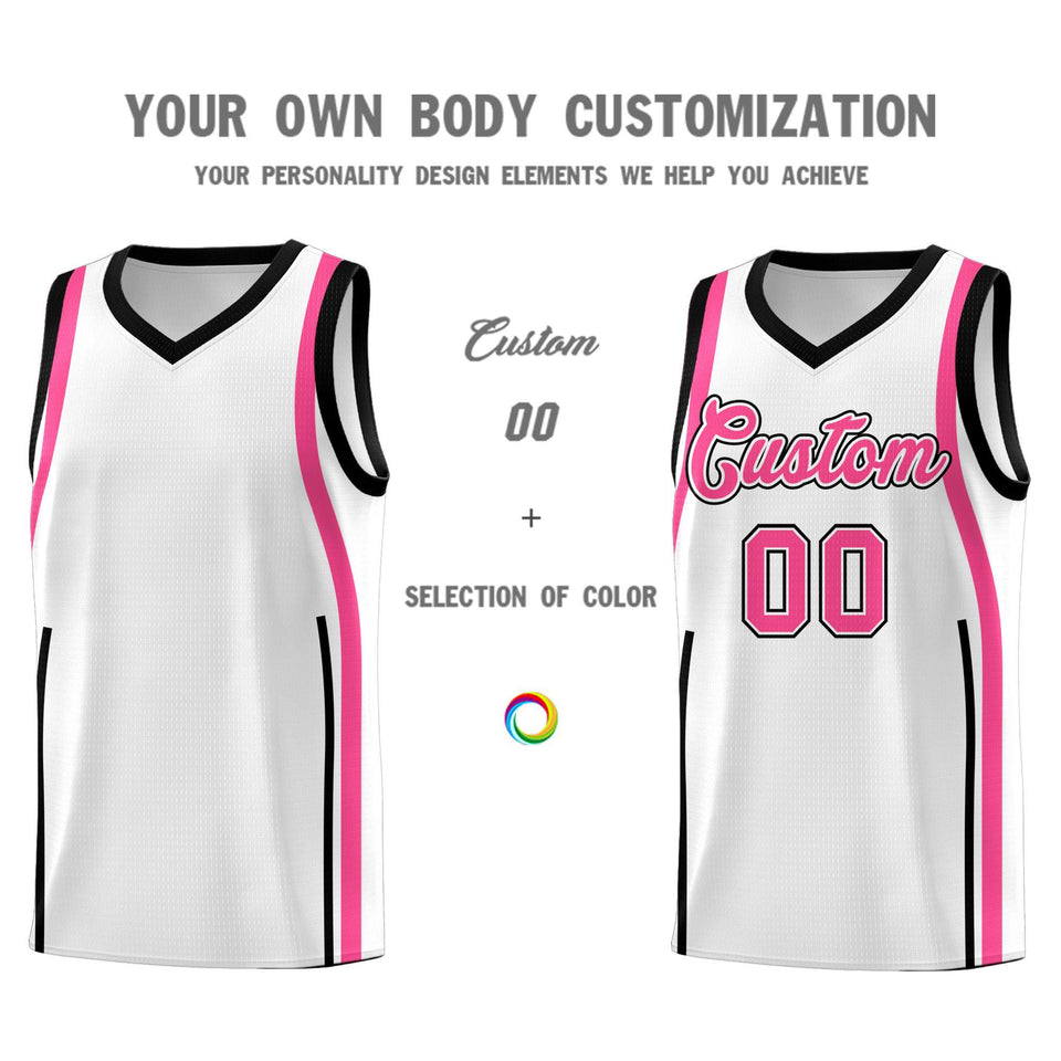 Custom White Pink-Black Ribbon Pattern Basketball Kits