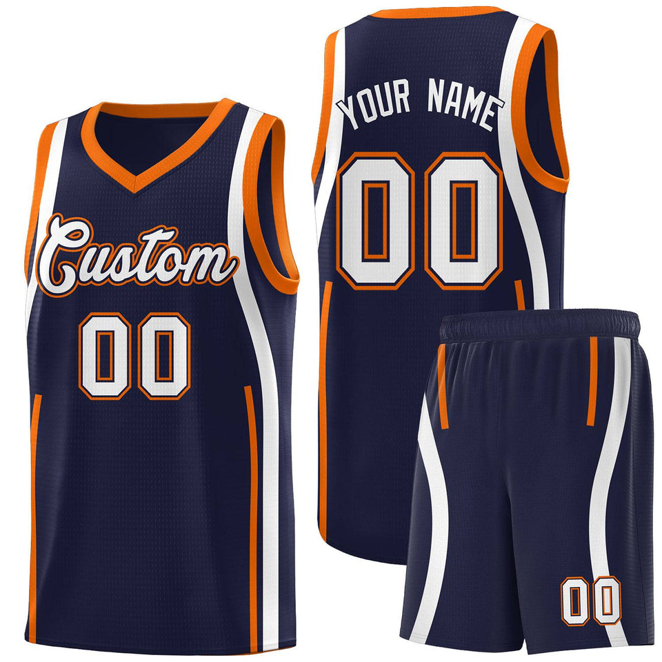 Custom Navy Orange-White Ribbon Pattern Basketball Kits