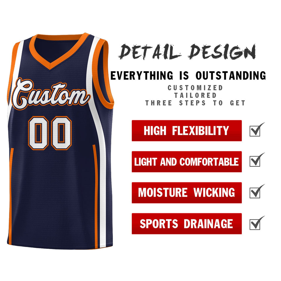 Custom Navy Orange-White Ribbon Pattern Basketball Kits