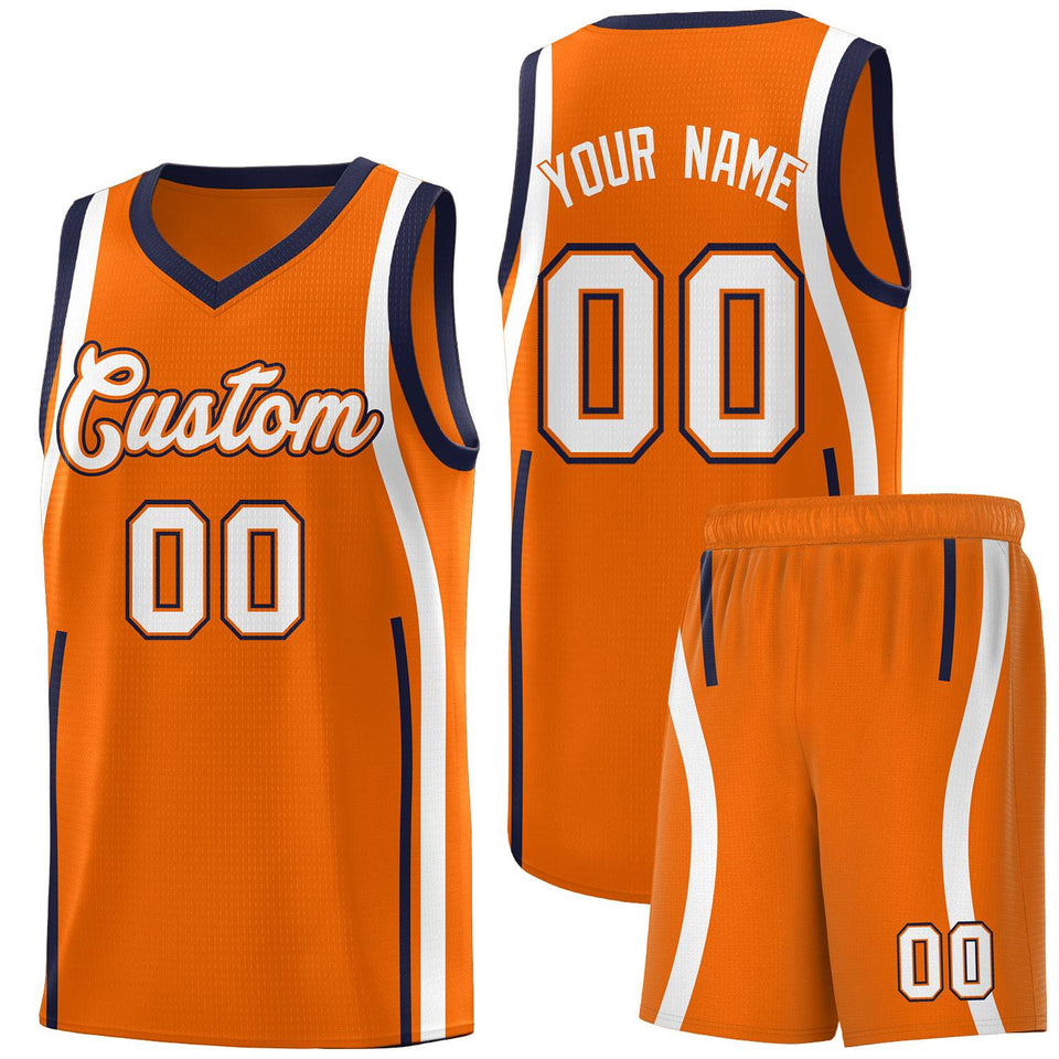 Custom Orange Navy-White Ribbon Pattern Basketball Kits