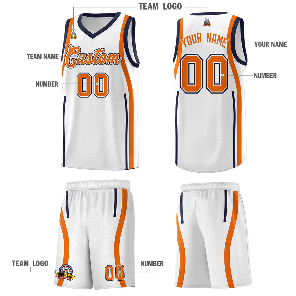 Custom White Navy-Orange Ribbon Pattern Basketball Kits