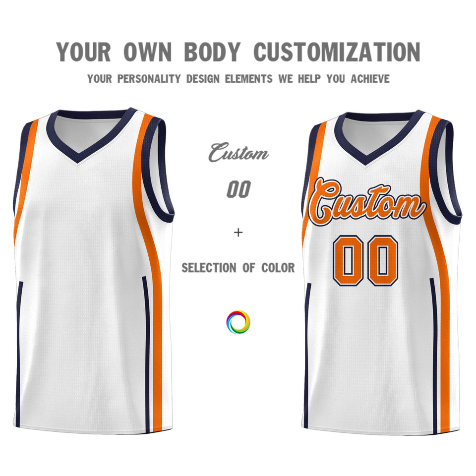 Custom White Navy-Orange Ribbon Pattern Basketball Kits