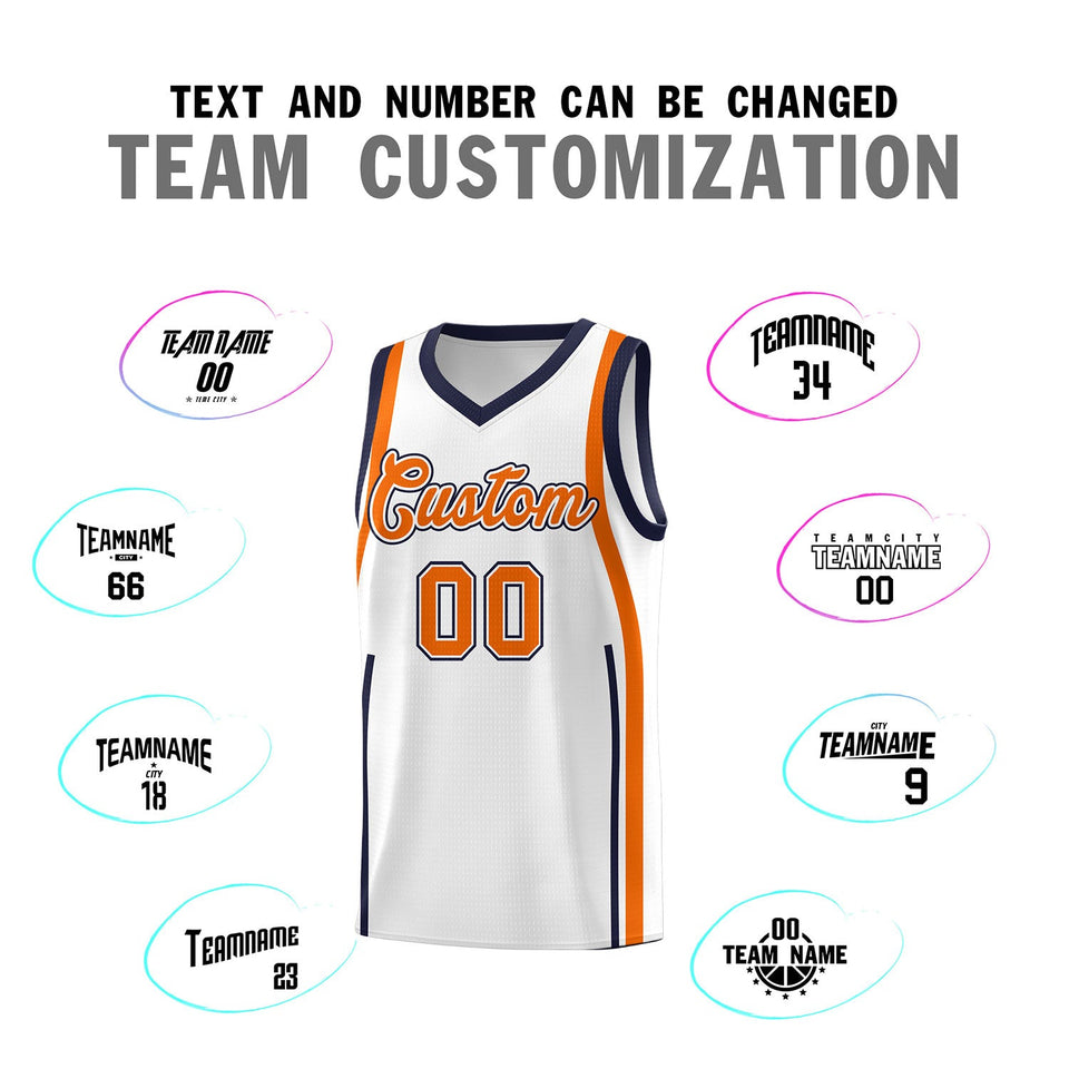 Custom White Navy-Orange Ribbon Pattern Basketball Kits