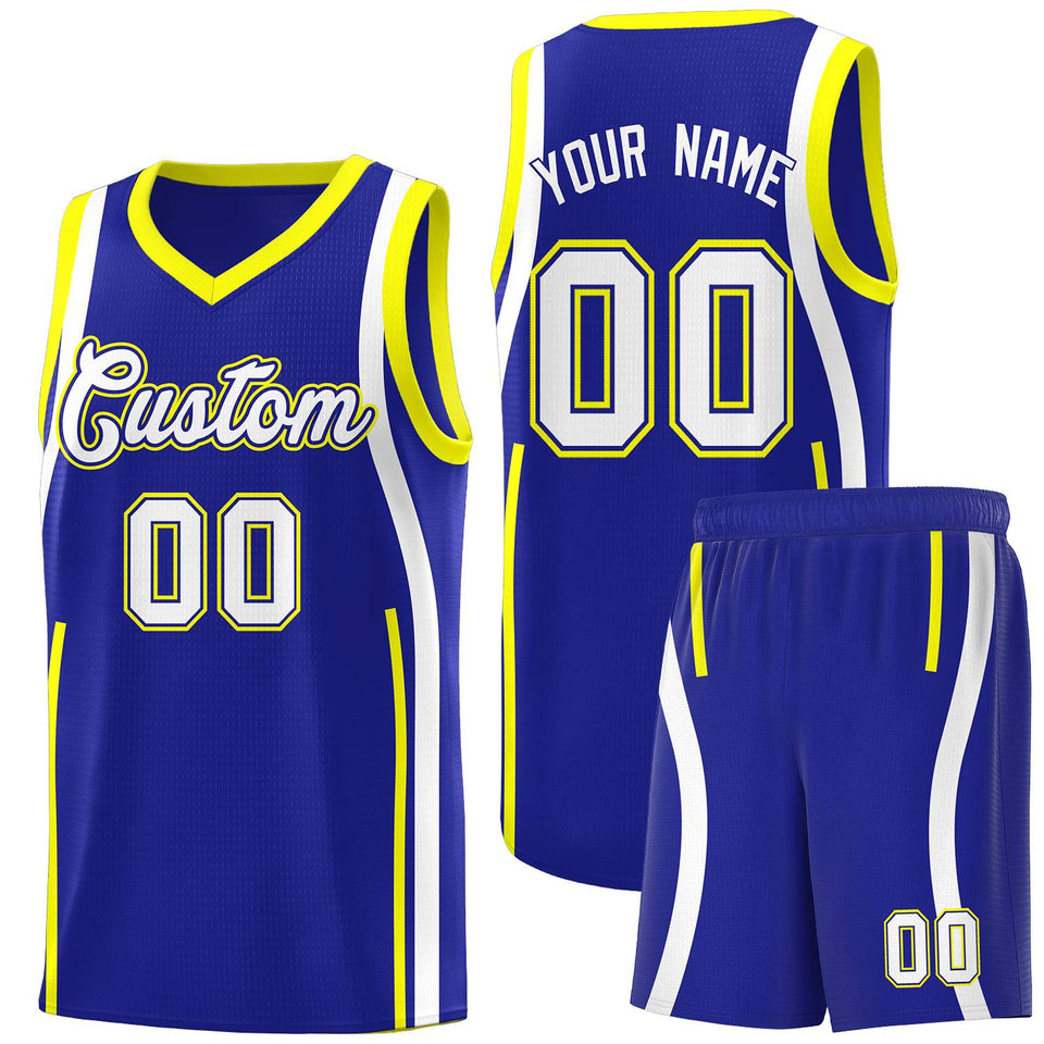 Custom Royal Fluorescent Yellow-White Ribbon Pattern Basketball Kits