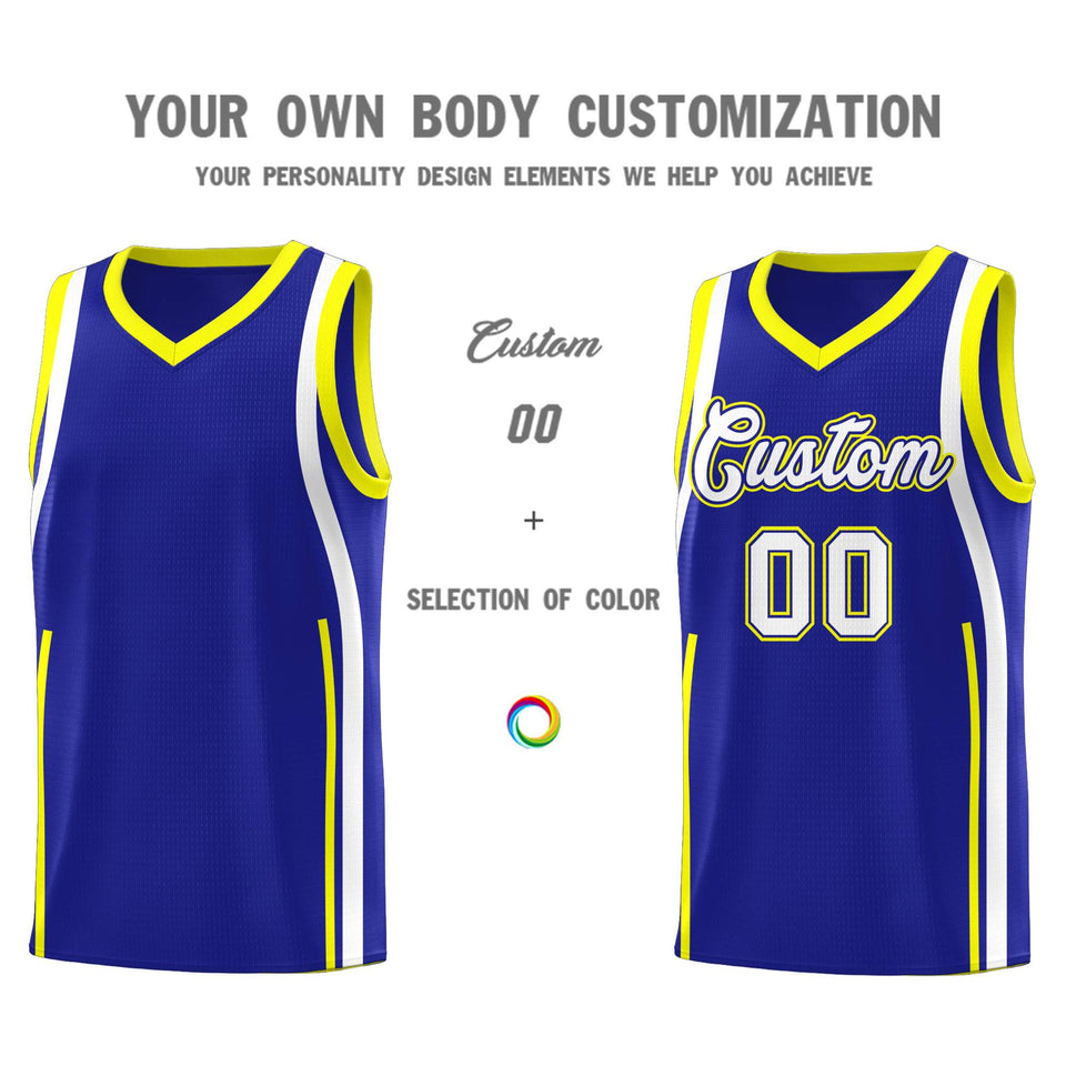 Custom Royal Fluorescent Yellow-White Ribbon Pattern Basketball Kits