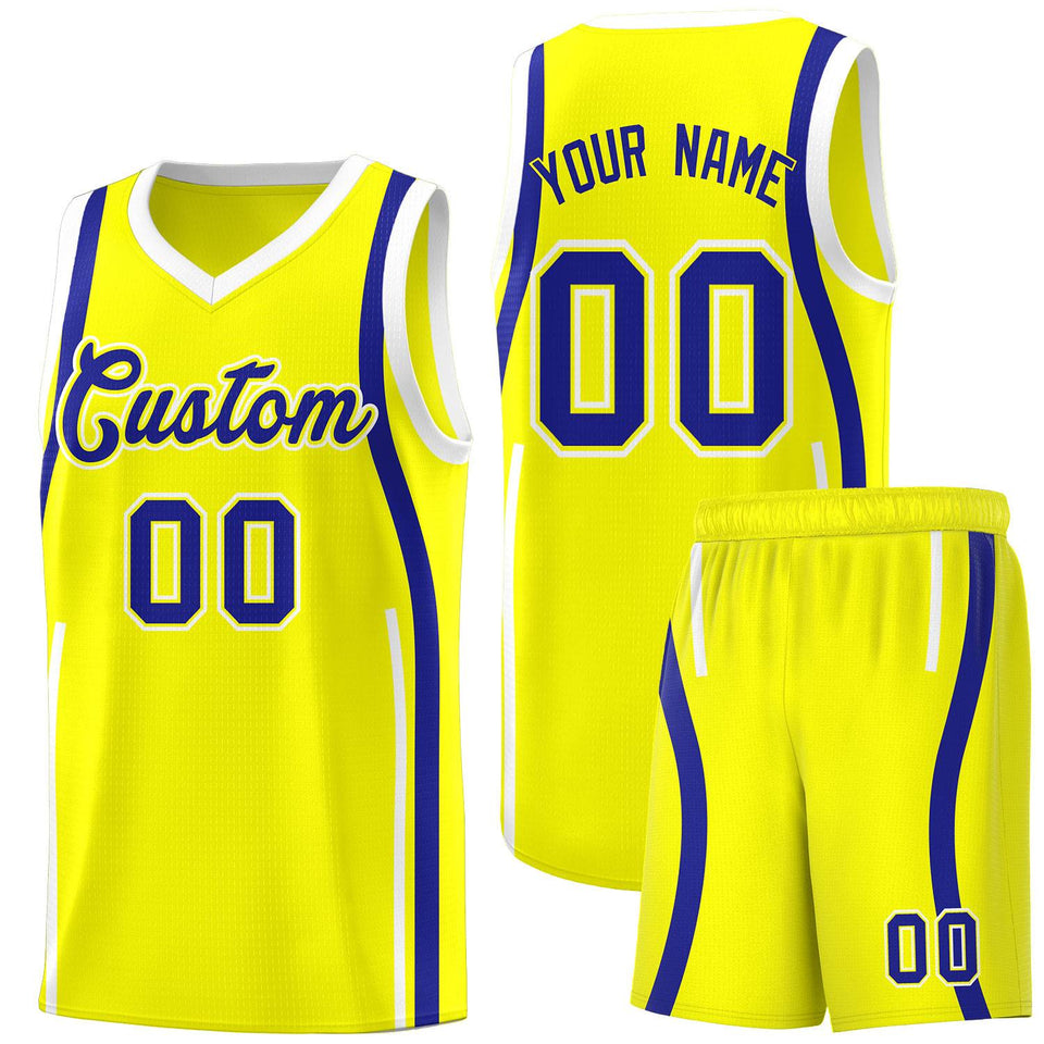 Custom Fluorescent Yellow Royal-White Ribbon Pattern Basketball Kits