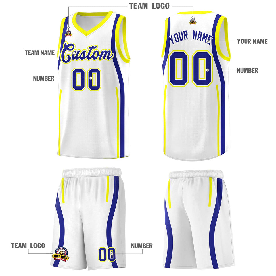 Custom White Royal-Fluorescent Yellow Ribbon Pattern Basketball Kits