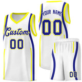Custom White Royal-Fluorescent Yellow Ribbon Pattern Basketball Kits