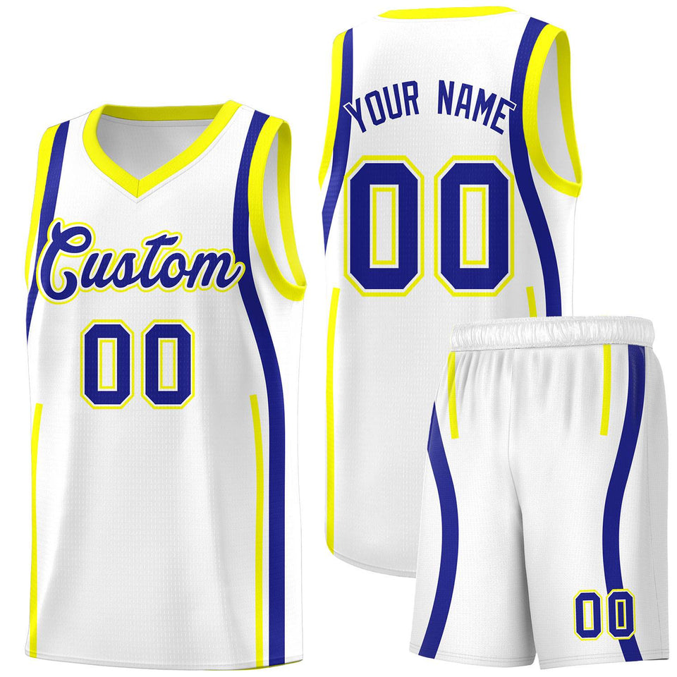 Custom White Royal-Fluorescent Yellow Ribbon Pattern Basketball Kits