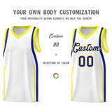 Custom White Royal-Fluorescent Yellow Ribbon Pattern Basketball Kits