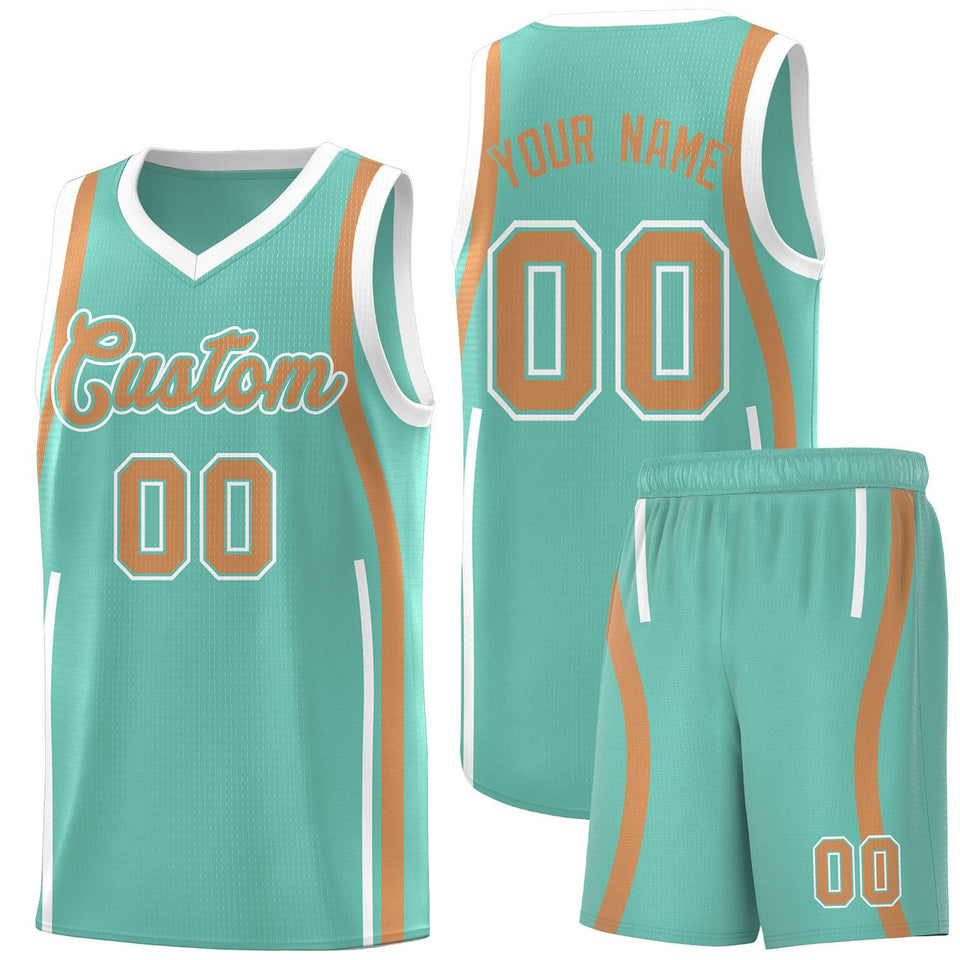 Custom Bright Green Buckskin Brown-White Ribbon Pattern Basketball Kits