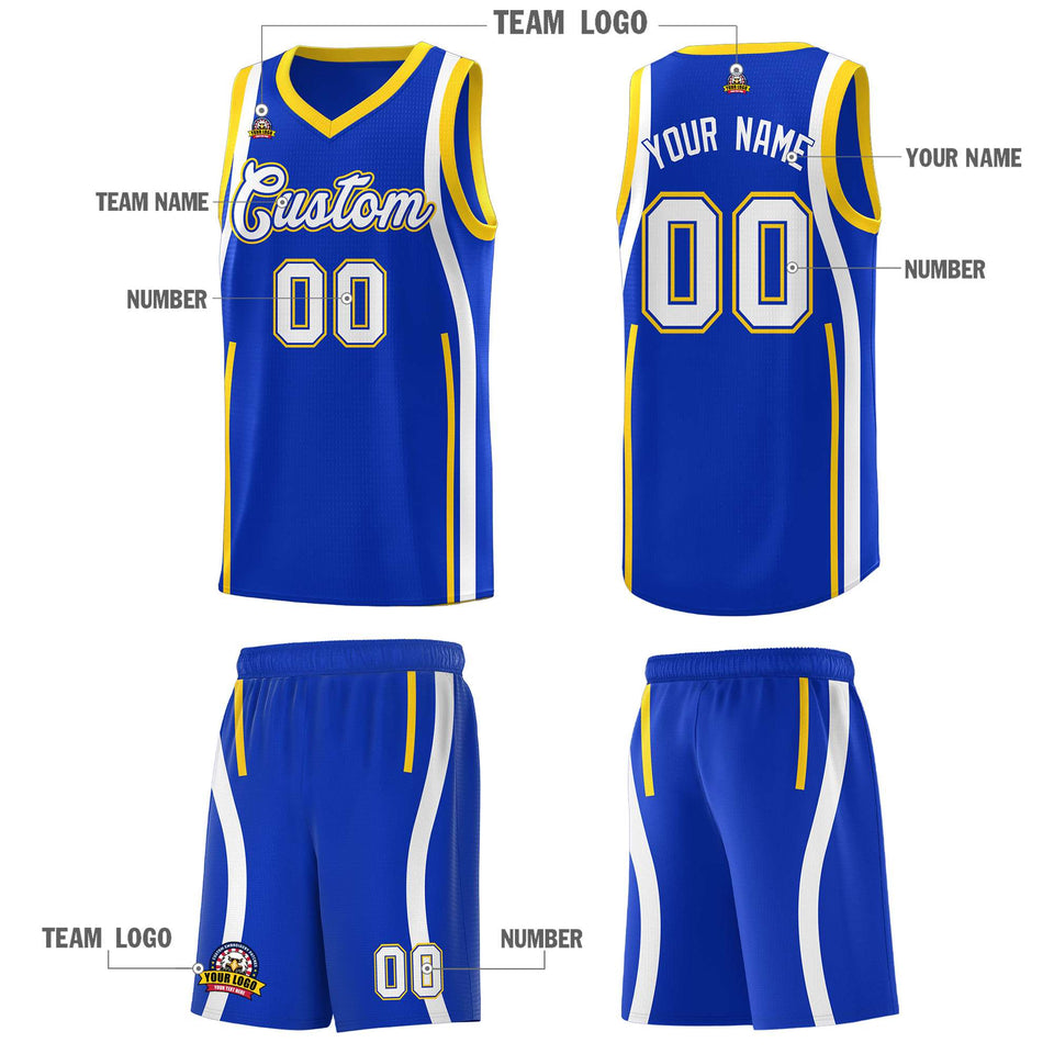 Custom Royal Gold-White Ribbon Pattern Basketball Kits