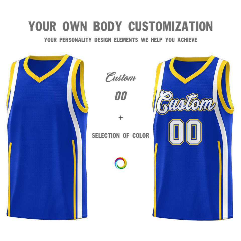 Custom Royal Gold-White Ribbon Pattern Basketball Kits