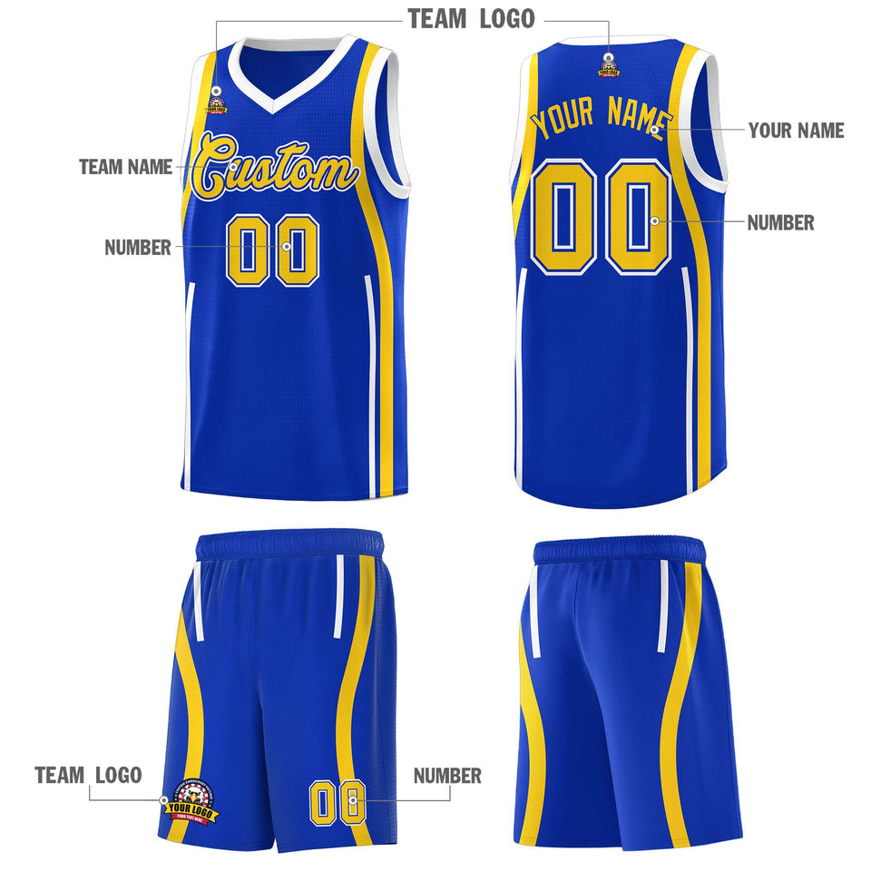 Custom Royal Gold-White Ribbon Pattern Basketball Kits