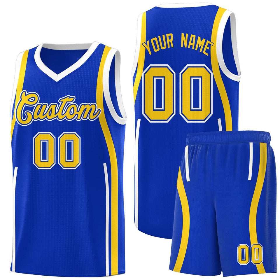 Custom Royal Gold-White Ribbon Pattern Basketball Kits