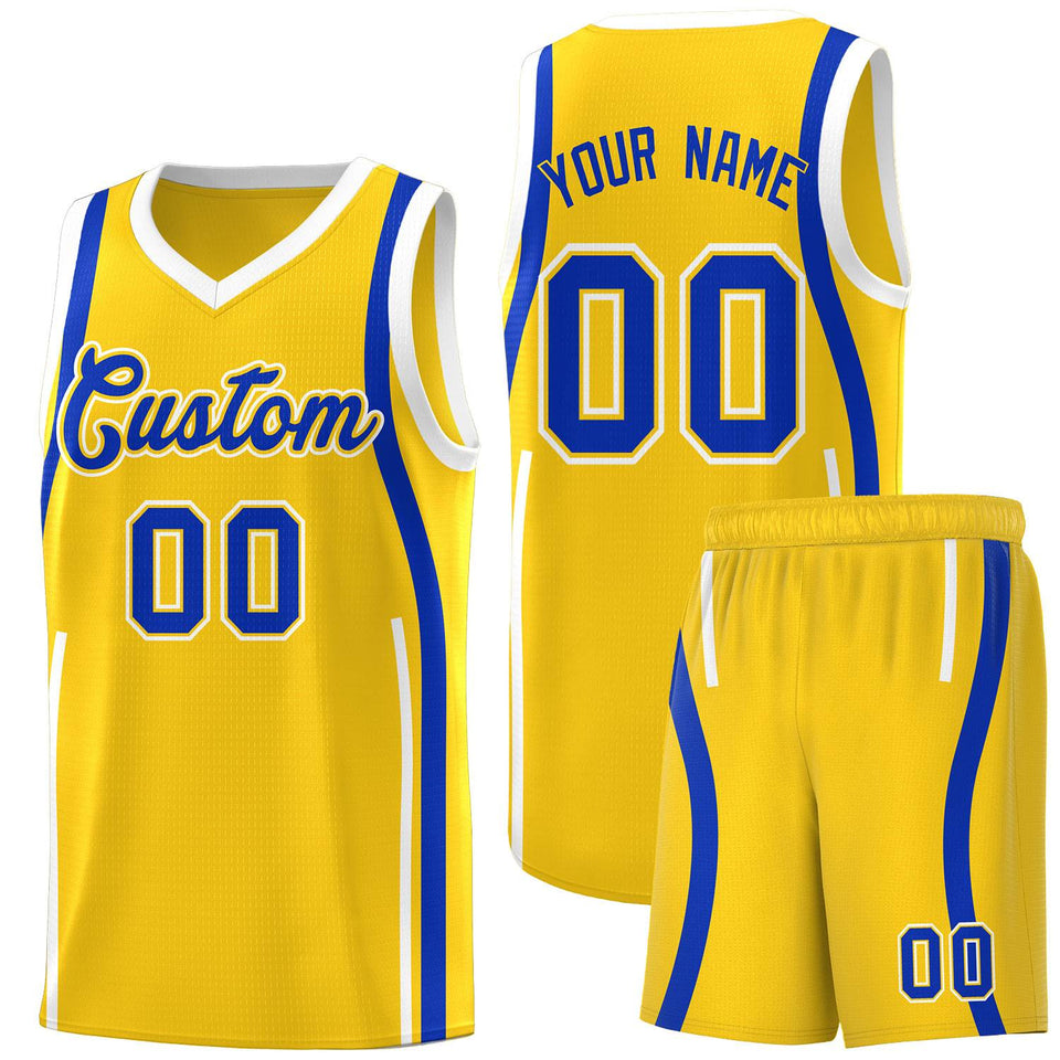 Custom Gold Royal-White Ribbon Pattern Basketball Kits