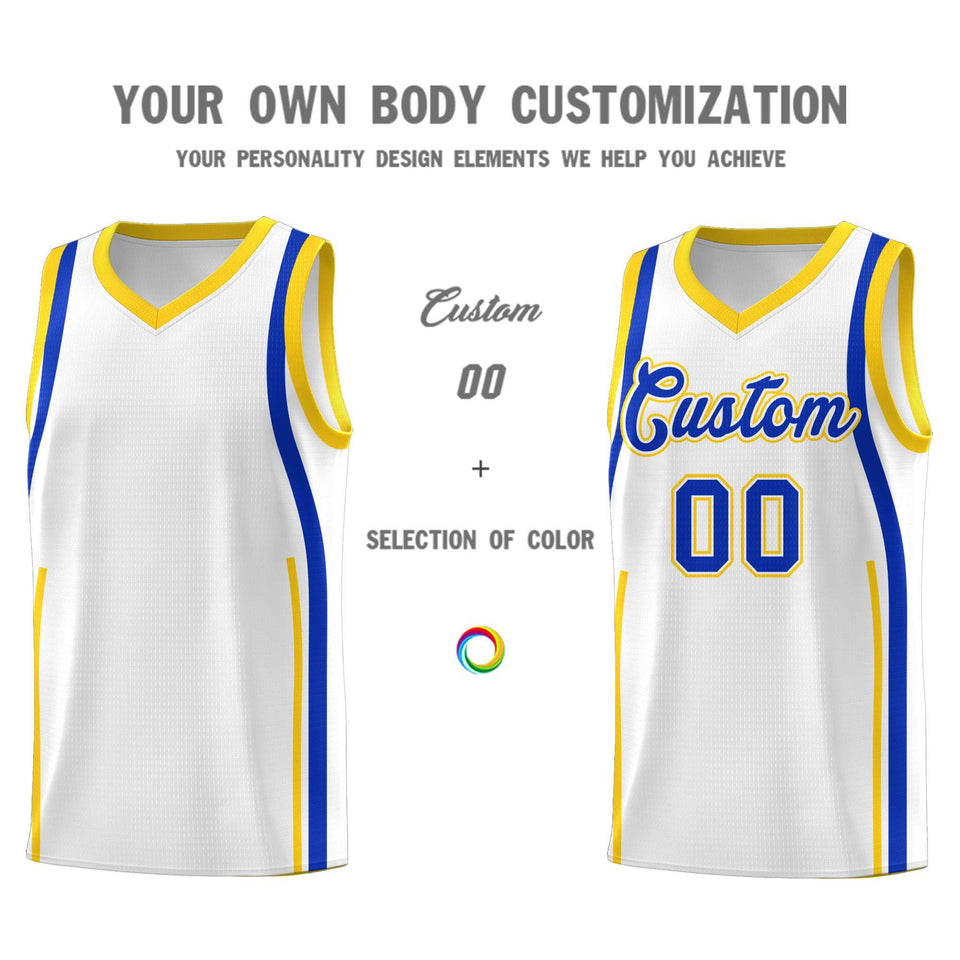 Custom White Royal-Gold Ribbon Pattern Basketball Kits