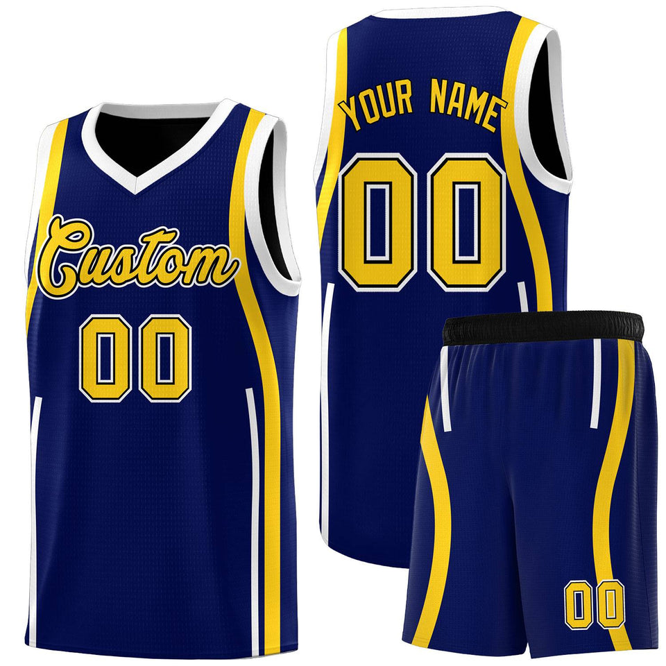 Custom Navy Gold-White Ribbon Pattern Basketball Kits