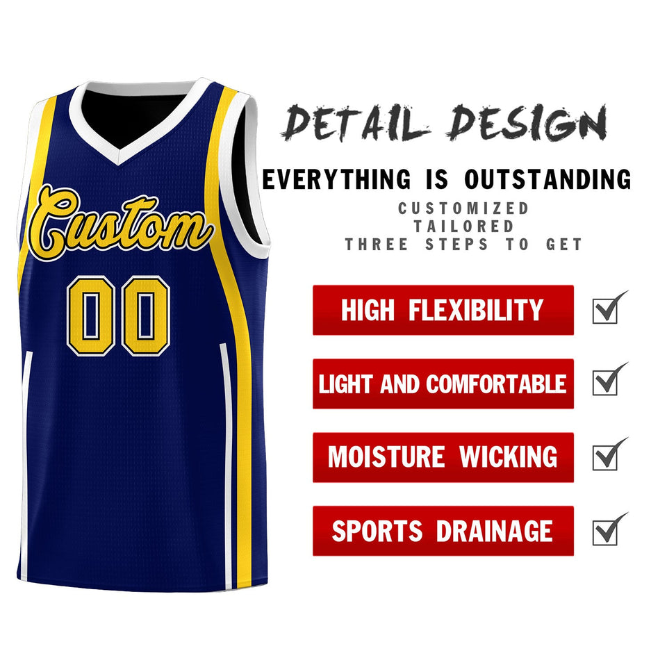 Custom Navy Gold-White Ribbon Pattern Basketball Kits