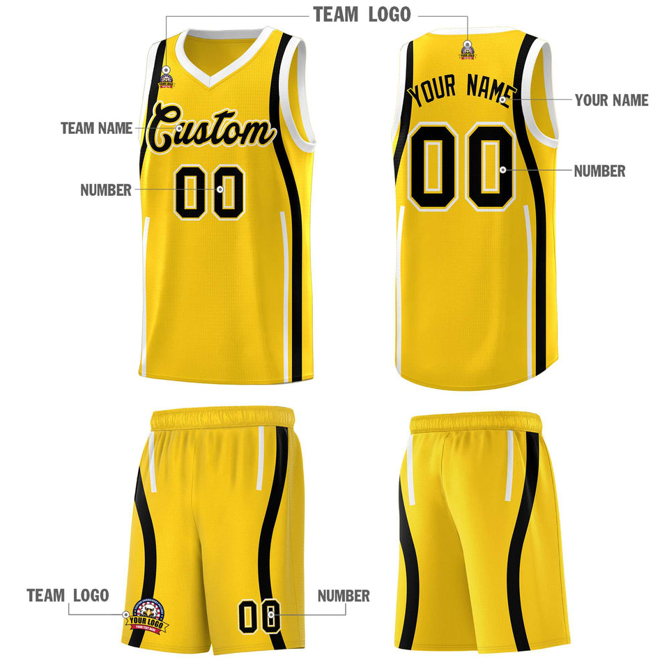 Custom Gold Black-White Ribbon Pattern Basketball Kits